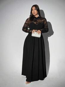 Viva Relle Plus Size Elegant Lace Stand Collar A-Line Long Sleeve Dress Maxi Women Outfit