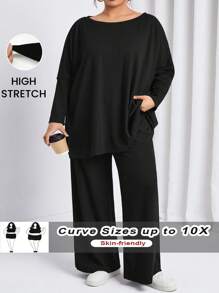 SHEIN CURVE+ Curve Plus Size Women 2Pcs Outfit: Batwing Sleeve Solid Color T-Shirt And Pants, Comfortable Casual  For Autumn/Winter