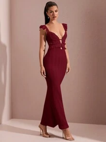 SHEIN BAE Sexy Hollow-Out Haakwerk Getextureerde Gerimpelde Korte Kapmouw Open Rug Strik Elegante Lange Vissenstaartjurk, Voor De Zomer