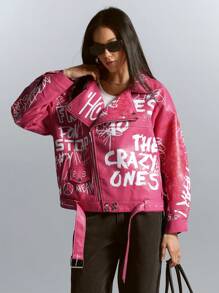 GENKIRA 时尚摩托车彩色涂鸦哥特式风格仿皮夹克 - 玫紅色 - 查看 6