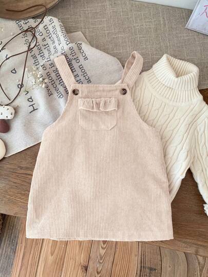 SHEIN LMoss Kids LMoss 女婴秋冬可爱米色灯芯绒百搭套头连衣裙，配有吊带