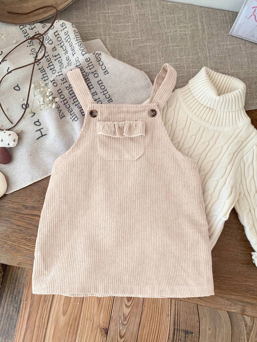 SHEIN LMoss Kids LMoss 女婴秋冬可爱米色灯芯绒百搭套头连衣裙，配有吊带 - 杏色 - 查看 1