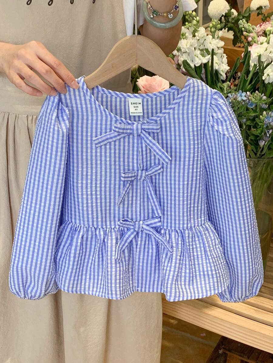 SHEIN LMoss Kids LMoss Young Girl Young Girls' Spring Long Sleeve Plaid Shirt With Ruffle Hem & Bow Decor - Blue - View 1