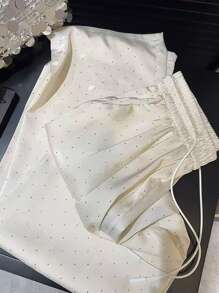 Franclia Pantalones rectos de cintura alta con goma elástica de satén, con brillos y anudado a la cintura - Beis - Ver 6