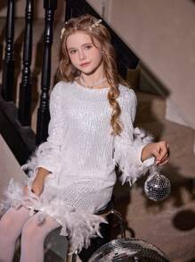 SHEIN Tween Girls Christmas Elegant And Feather Sequin Long Sleeve Dress, Perfect For Parties And Suitable For Fall, Spring, And Winter,White Dress,Party Dress