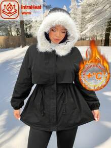 SHEIN EZwear 大码女式休闲收腰拼色蓬松连帽派克大衣，秋冬款 - 黑與白 - 查看 2