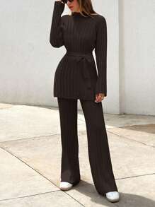 EURMUSE 2 件套针织系带立领纯色上衣和裤子 - 摩卡棕 - 查看 3