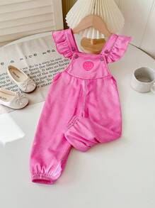 SHEIN Bộ đồ liền thân viền bèo nhún màu hồng họa tiết dâu tây dễ thương cho bé gái sơ sinh, mùa thu/đông - Hồng - Xem 3