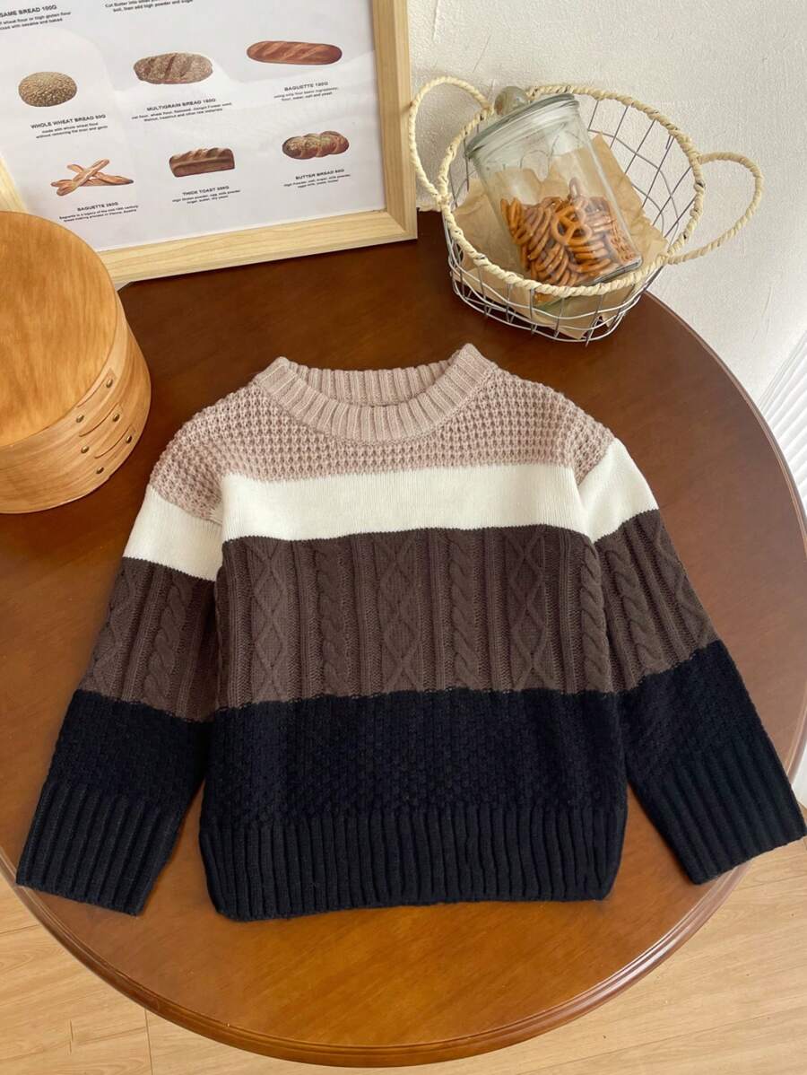 小男孩温暖棕熊图案套头衫，采用舒适材质，可爱的熊图案，条纹对比，适合学校、家庭、公园、娱乐时间和户外活动 - 彩色 - 查看 1