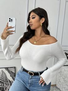 Flirla Plus Size Women Round Neck Long Sleeve Knitted Sweater, Winter Fall - White - View 4