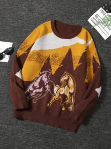 Manfinity Homme Men's Contrasting Graphic Print Crew Neck Casual Pullover Sweater, Versatile Long Sleeve