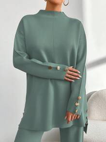 EURMUSE 2pcs/Set Women Plain Stand Collar Long Sleeve Top & Full Length Pants - Mint Green - View 3