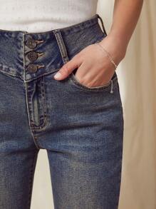 WESTFADE Tinted Triple Button Yoke High Rise Stretch Flare Jeans - Dark Wash - View 2