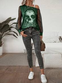 SHEIN LUNE Blusa de ombro oblíquo com estampa floral e caveira da moda de outono para mulheres