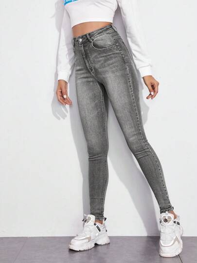 بنطلون جينز نحيل سستة طائر خصر عالي