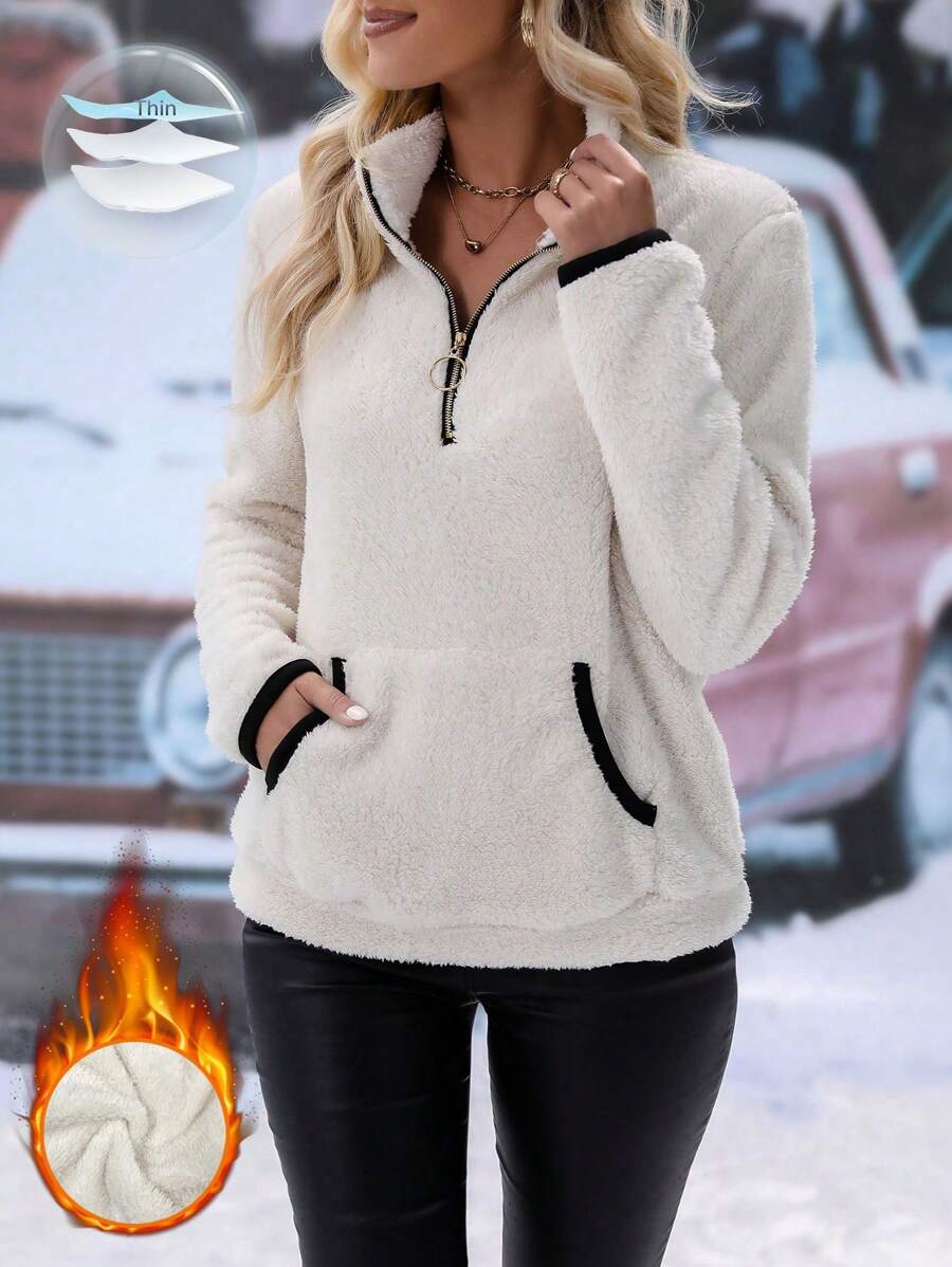SHEIN LUNE 女士拉链口袋毛绒套头衫、冬季外套、冬季女装、保暖、长袖上衣 - 杏色 - 查看 1