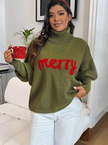 Calvaya Plus Size High Neck Long Sleeve Letter Pattern Minimalist Casual Pullover Sweater Knit Pullover Fall Winter - Multicolor - View 4