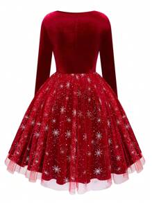 Flirla 大码女式性感甜心领红色天鹅绒撞色金属撞色网眼节日圣诞连衣裙，冬季服装新年服装 - 紅色 - 查看 2