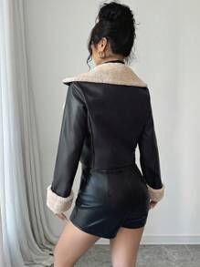 SHEIN PETITE New Winter Fluffy Collar Short Casual Jacket For Women - Black - View 2