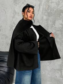 SHEIN EZwear Áo khoác lông cừu giả màu đen cỡ lớn kèm khăn quàng cổ, áo khoác dệt kim màu đen dáng rộng đơn giản - màu đen - Xem 6