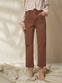 WESTFADE Pantalones vaqueros rectos de pierna de tobillo con cortes y dobladillo deshilachado de talle medio, atuendo estilo Nashville