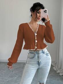 Elenzga Women's Solid Color Patchwork Front Button Long Sleeve Casual Blouse - Brown - View 5