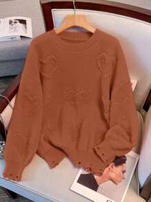 Calvaya Plus Size Women Heart Pattern Drop Shoulder Crew Neck Casual Pullover Sweater For Autumn/Winter Knit Pullover Fall - Coffee Brown - View 1