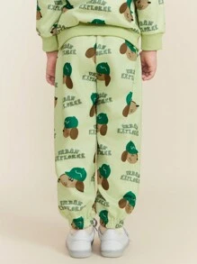 SHEIN Young Boy Casual Cartoon Letter Print Drawstring Sweatpants - Beige - View 2