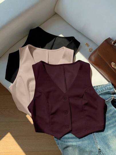 Comfortcana 3pcs Set Women Casual/Office Solid Color Suit Vest In Fall/Winter