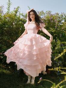 SHEIN MOD Transparante pofmouwen organza jurk met gelaagde, geschulpte rok