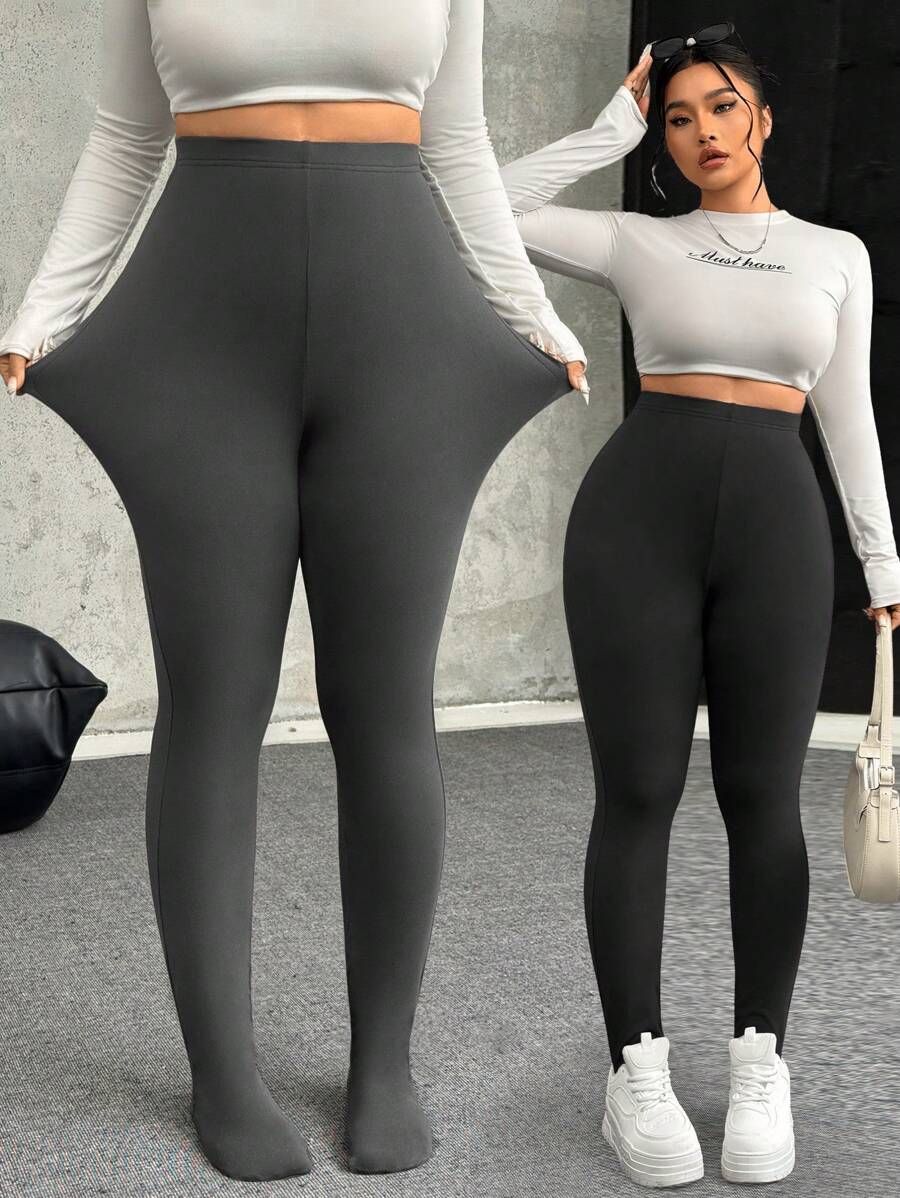 SHEIN EZwear Plus Size Casual Solid Color High Waist Leggings, Versatile - Multicolor - View 1