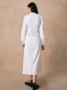 Poéselle 2 peças/Conjunto Top de Manga Longa com Botões na Frente e Saia A-Line em Cor Sólida para Mulher, Desgaste Diário, Elegante e Charmoso, Adequado para Uso Diário, Rua, Transporte, Encontro, Festa e Outras Ocasiões - Branco - Visão 6