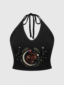 ROMWE Hippie Plus Size 2pcs/Set Hippie Style Snake And Plant Embroidery Cardigan And Knitted Tank Top