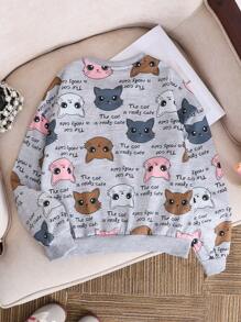 SHEIN Áo nỉ dài tay cổ tròn in hình mèo, dáng rộng thoải mái cho bé gái tuổi teen, thiết kế đơn giản và dễ chịu. - Màu Xám nhạt - Xem 2