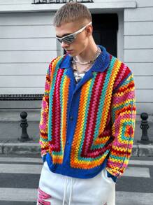 Manfinity VCAY 男士针织时尚休闲日常宽松前开短袖毛衣 - 彩色 - 查看 4