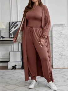 SHEIN LUNE Conjunto de 3 piezas de chaqueta larga, chaleco y pantalón de unicolor casual de talla grande, nuevo atuendo de invierno para mujeres de Año Nuevo, vestidos de invierno, ropa de invierno para mujeres, atuendos de rave, conjunto de Acción de Gracias para mujeres