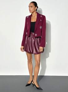 Maija Women's Wine Red Rhinestone Studded Decor Blazer Jacket, Loose Fit, Angular Collar, Long Sleeve, Modern Urban Versatile Design, Angora Wool, Suitable For Autumn & Winter