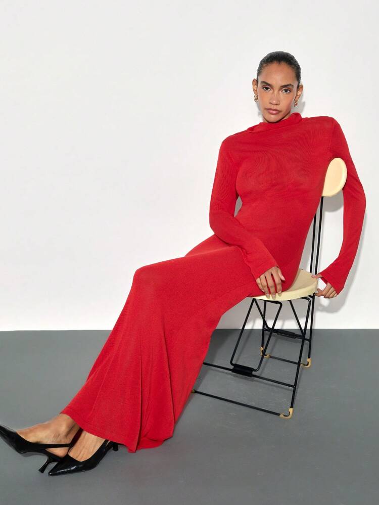 SHEIN Maija Women Elegant Stand Collar Long Sleeve Bodycon Christmas Party Sweater Dress, Red, Autumn/Winter