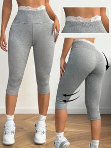 SHEIN EZwear Women's Fall/Winter Y2K Going Out Basic Knit&Lace Stretchy Grey Flare Pants