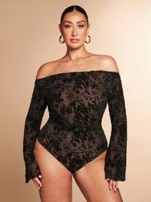 SHEIN BAE Bodyduit de encaje con estampado floral, de un solo hombro, acampanado y de efecto "transparente" para mujer talla grande, ideal para citas románticas, uso interior, elegante y sexy, perfecto para festivales