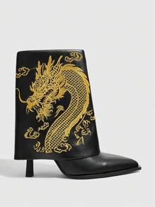 CUCCOO SZL 性感时尚尖头刺绣细高跟侧拉链休闲黑色踝靴女式新年假期 - 黑色 - 查看 3