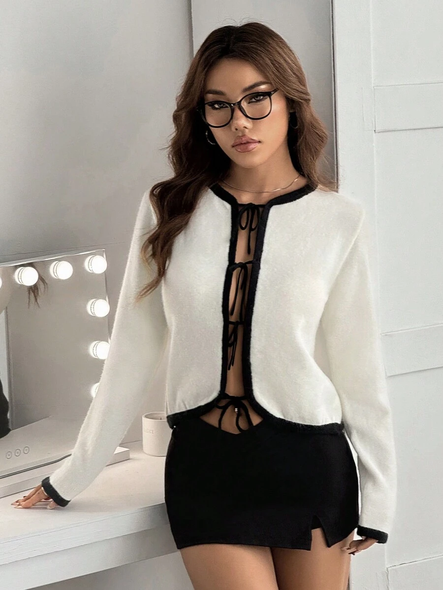 SHEIN EZwear Color-Block Hem Tie Banded Cropped Cardigan, Casual For Autumn/Winter - Black and White - View 1