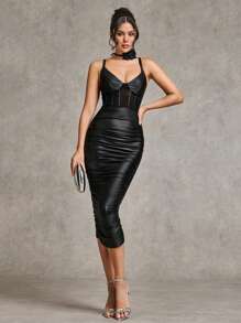 SHEIN BAE 优雅性感黑色 PU 皮革细肩带紧身胸衣网眼撞色乳沟支撑中长连衣裙，秋冬 - 黑色 - 查看 4