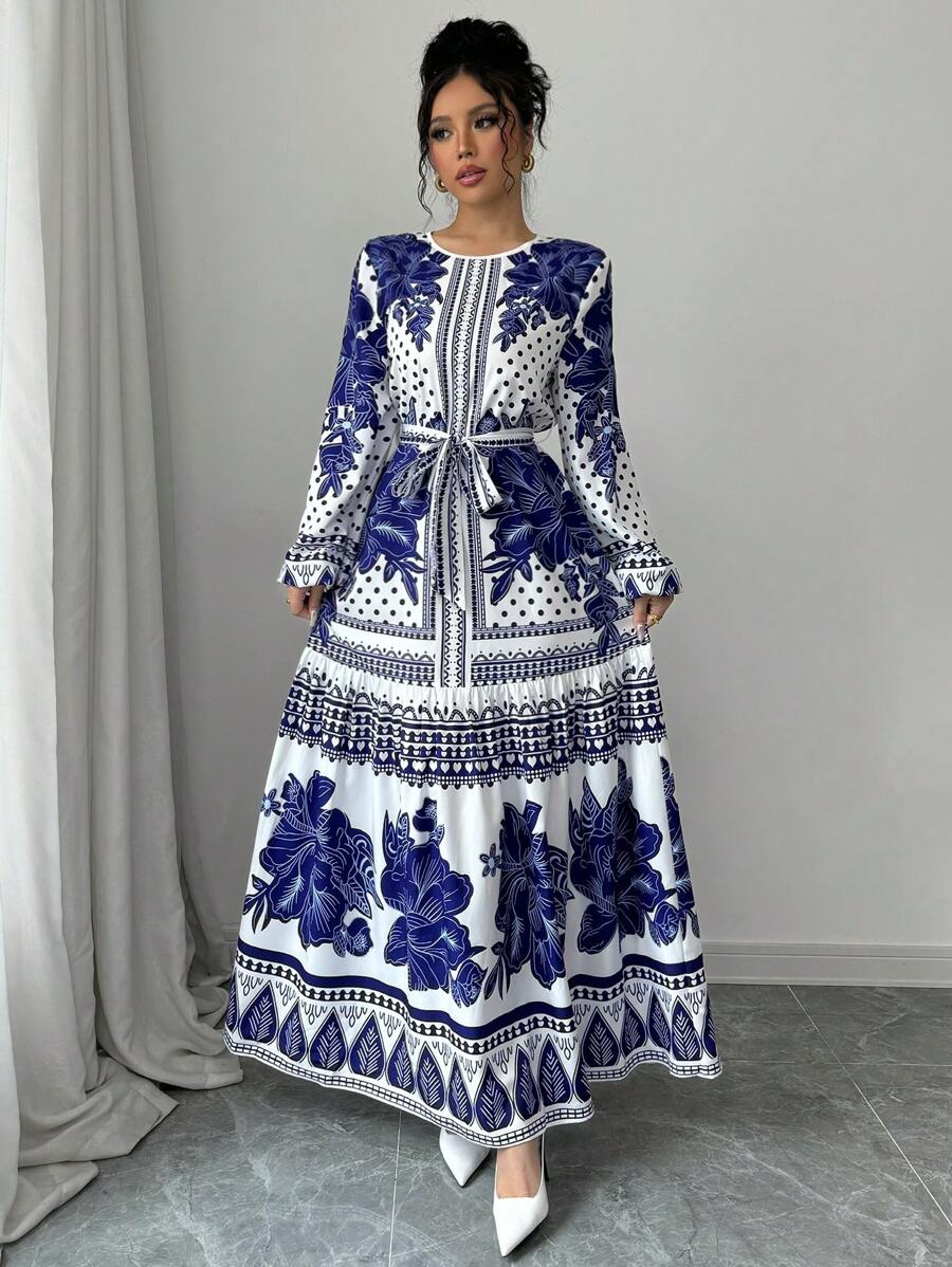 SHEIN Elenzya Robe vintage ample à taille marquée pour femmes avec imprimé classique, tenue maxi