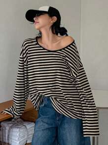 DAZY Camiseta suelta de manga larga y cuello en V a rayas simple para mujer, informal para uso diario