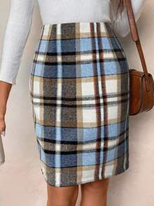 SHEIN LUNE Chân váy bút chì xẻ tà kẻ caro cạp cao cho nữ, Thu/Đông - Nhiều màu - Xem 5