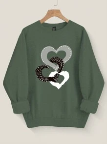 SHEIN LUNE 1 件女士宽松圆领大码落肩运动衫，带心形图案，春/秋，薄荷绿 - 綠色 - 查看 1