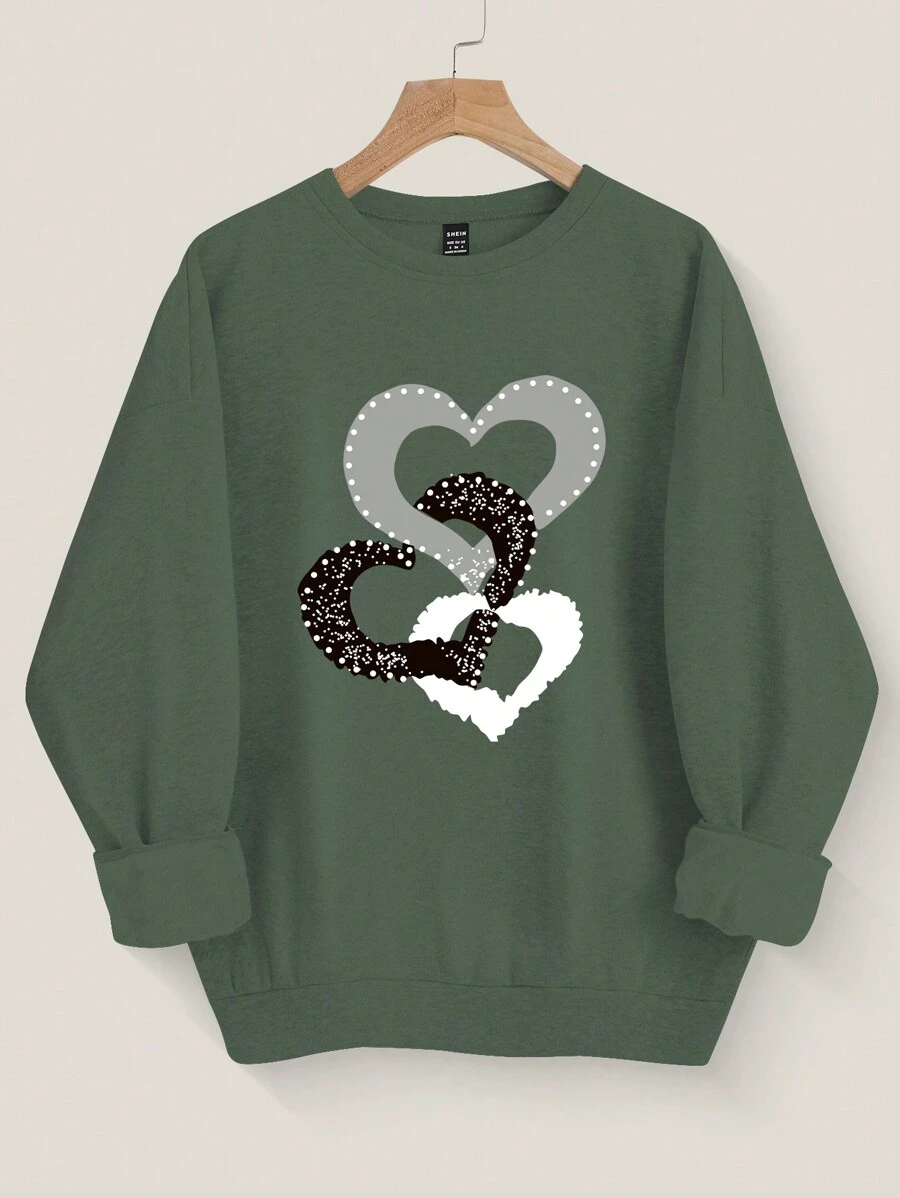 SHEIN LUNE 1 件女士宽松圆领大码落肩运动衫，带心形图案，春/秋，薄荷绿 - 綠色 - 查看 1