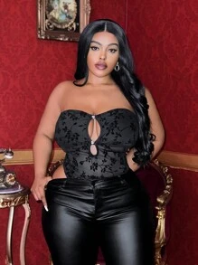 Slaydiva 适合派对、情人节的优雅性感紧身衣，修身纯黑色露肩网眼面料，心形金属装饰镂空设计，加大码，春夏秋季 - 黑色 - 查看 7