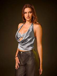 SHEIN SXY Going Out Sexy Backless Satin Sequined Deep V Halter Camisole, Good For Party, New Year Party